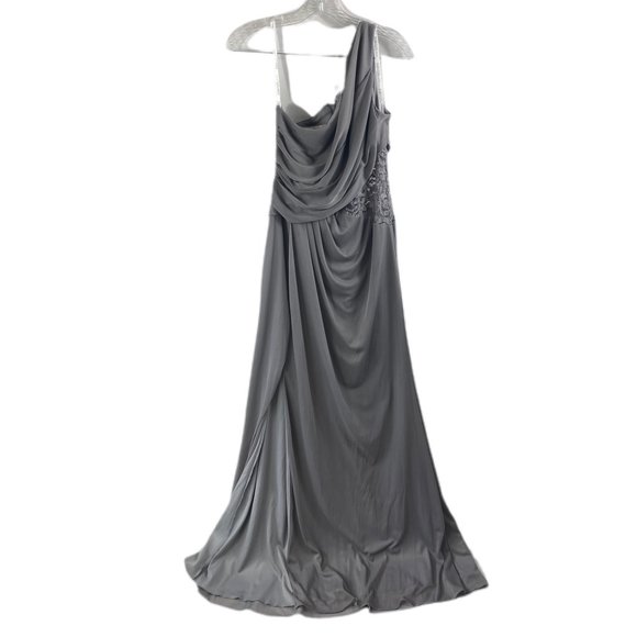Davids Bridal - Bridesmaid Dress -  Grey One-Shoulder Mesh Dress with Lace Inset - Picture 1 of 11